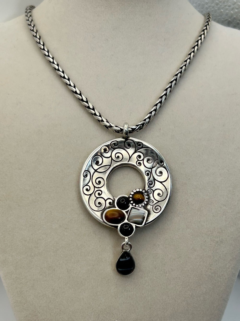 Brighton Eye of the Tiger Pendant Necklace 18" Silver Plated Black Brown Stones